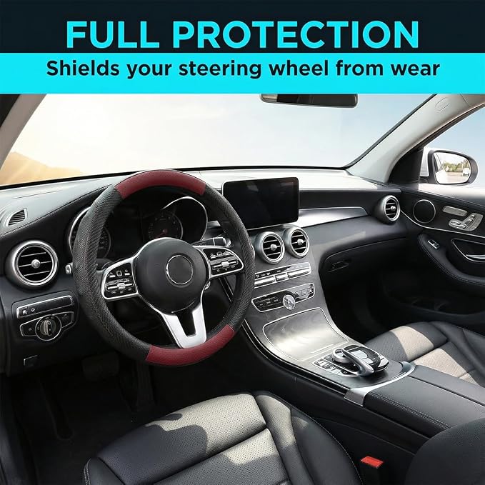 Car Steering Wheel Cover, Breathable Carbon Fiber Vehicle Steering Wheel Protector with Anti-Slip Lining, Automotive Interior Accessories, Universal for SUV RV Truck (Black Wine Red)
