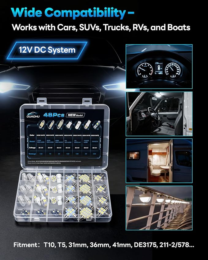 48Pcs Led Interior Car Lights Kit, 6500K White Interior Bulbs Replacement (194 T10 DE3175 W5W 168 578 2825 T5 31mm 36mm 41mm), Dome Map Dash Door Trunk License Plate Lights for Cars Trucks RVs