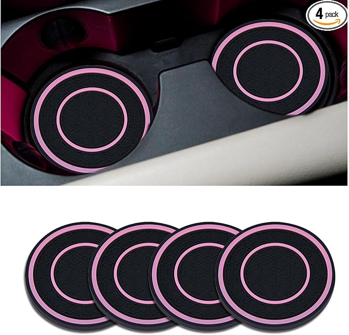 4 Pack Car Coasters for Cup Holder, 2.75 Inch Universal Auto Waterproof Coasters Silicon Insulation Cup Mats,No-Slip Anti Dust Insert Coaster for Woman Man, Suit for Vehicle Interior (Black/Pink)