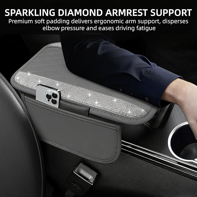 NBTEPEM Bling Grey Car Center Console Cover, Leather Car Arm Rest Cover with 2 Storage Bags, Universal Auto Armrest Protector Storage Box, Bling Accessories Interior for Most Vehicles