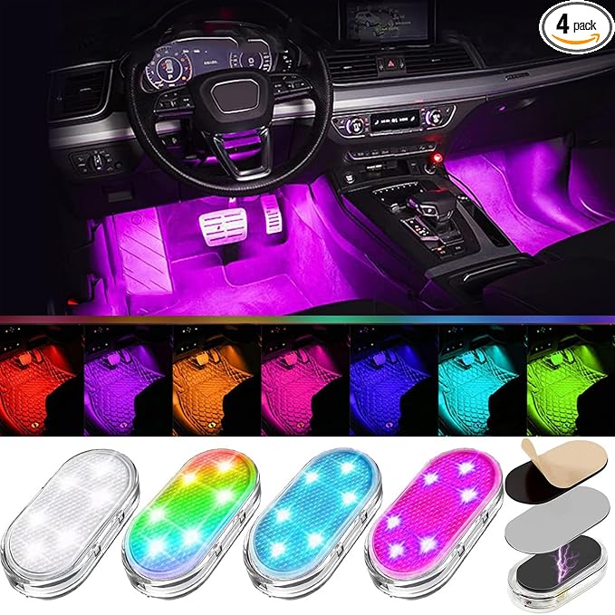 4Pcs Car LED Lights Interior Wireless, 7 Colors Interior Car Lights with 6 Bright LED Lamp Beads, Portable USB Rechargeable Car Interior Led Night Light for Car Decor