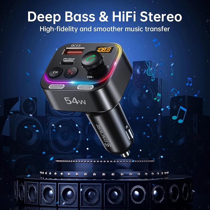 Syncwire Bluetooth 5.4 FM Transmitter Car Adapter 54W with Light Switch | [Stronger Dual Mics] [HiFi Bass Sound] [Fast Charging] Wireless Radio Receiver Hands-Free Calling LED Display