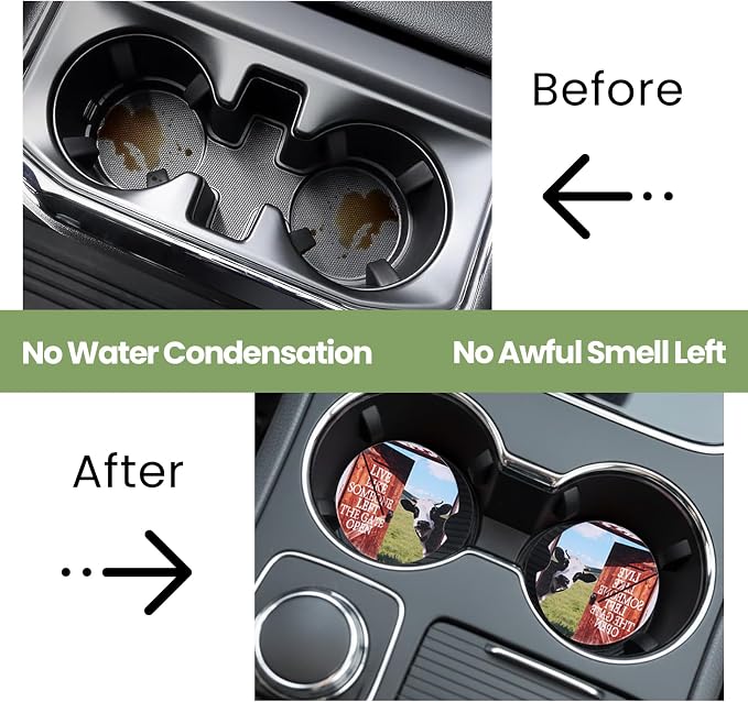 2 Pack Cow Car Print Car Coasters for Men Women Car Cup Holder Coasters, 2.63 Inch Anti Slip Ceramic Absorbent Coaster with Cork Base and Finger Notch, Cute Fun Car Accessories Interior
