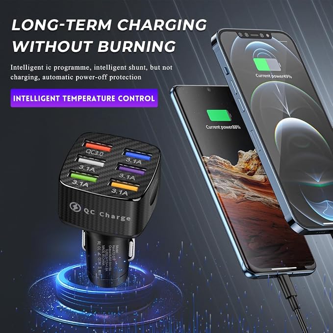Wevdn Car Charger Adapter, 6 USB Multi Port Fast Charging Cigarette Lighter Charger Adapter, Car Fast Charger Include QC 3.0 and 5 Other Ports for Most Cell Phones, Car Accessories (Black)