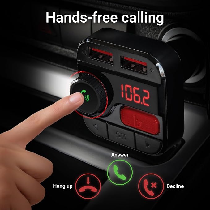 Monster Bluetooth FM Transmitter for Car Cigarette Lighter, Bass Boost, Track Back/Forward, Volume, Play/Answer Buttons, Micro SD Card Slot, Microphone, 2 USB Chargers, Google Voice & Siri Compatible
