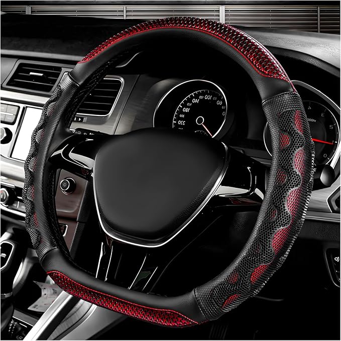 Car Steering Wheel Cover, 15 Inch Anti-Slip Steering Wheel Cover Protector with 3D Honeycomb Design, Universal Steering Wheel Covers for Cars Truck SUV, Car Accessories (Red)
