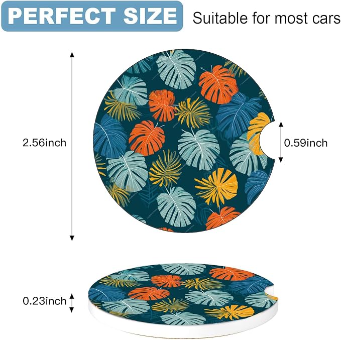 Car Cup Holder Coaster Set of 2, 2.56 in Ceramic Coasters, Scratch-Resistant Cork Backing, Finger Groove Design for Easy Placement, Cute Car Accessories Interior for Women (Blue Maple Leaf)