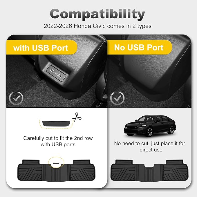 Rubber Floor Mats for Honda Civic Sedan Hatchback Si 2022-2026 | Include Sport but Not for Hybrid, All Weather Car Floor Liners Also Fit for Acura Integra 2023-2026, 1st & 2nd Row, Black