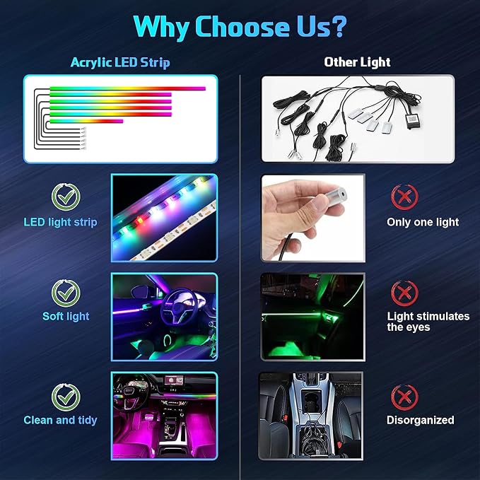 Dreamcolor Acrylic Car Lights, 6 in 1 LED Strip Lights with APP Control and 213 Color Modes, Decorative Lights, Neon Ambient Lighting Kits