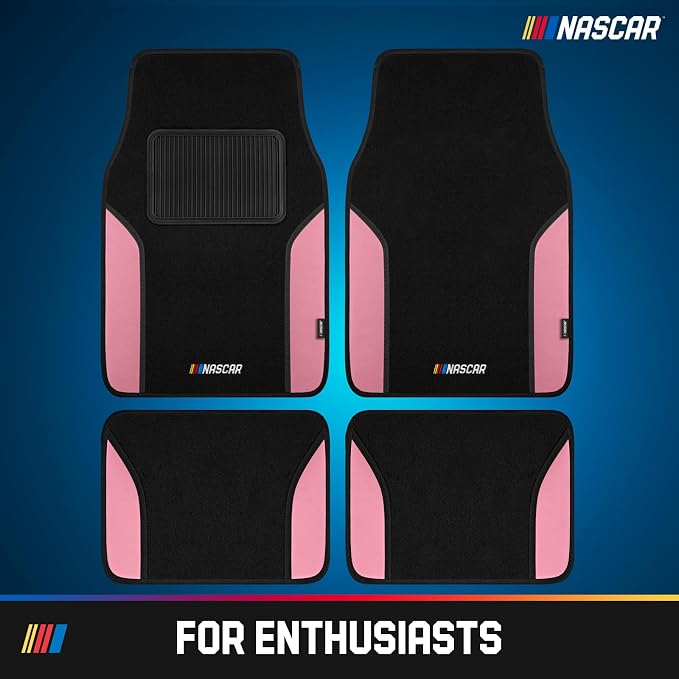 NASCAR Car Floor Mats, Carpet & Pink Leather Design Car Mats, Universal-Fit All-Weather Car Floor Mats with Built-in Heel Pad & Anti-Slip Backing, Durable Odorless Automotive Interior Accessories
