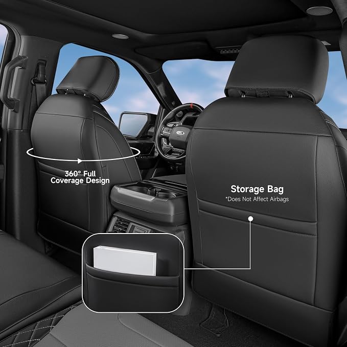 F150 Seat Covers, Custom Fit for Ford 2021-2026 F150 XL XLT STX Super Crew Cab, 2023-2026 F250 F350 F450 XL XLT Crew Cab, Truck Seat Cover Full Set, Leather, Black & Grey