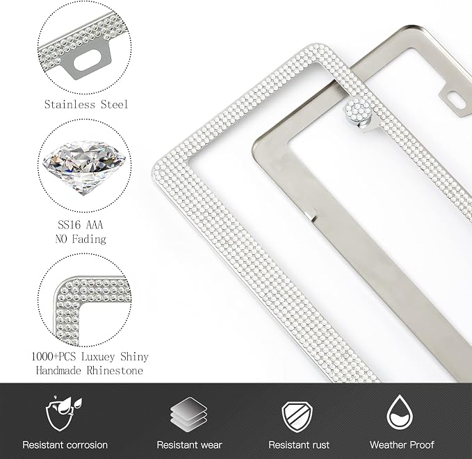 FIISFIIS Bling License Plate Frame for Women,2 Pack Premium Stainless Steel Rhinestone Car License Plate Holder,Handmade Glitter Crystal Diamond Girl Lincense Plate Cover ,Bedazzled Sparkly Caps-White