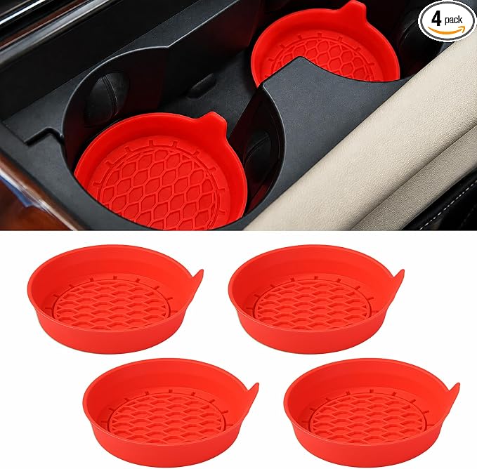 4 Pack Car Cup Holder Coaster, 3.15 Inch Non-Slip Silicone, Red | Cup holder insert, spill proof ,raised lip, honeycomb base, rinse clean, fits most sedans suvs trucks, automotive accessories