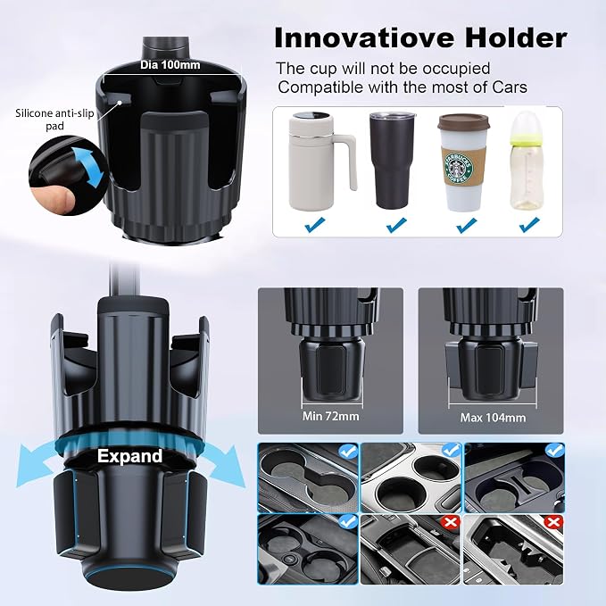 Cup Holder Phone Mount, 2 in 1 Universal Cup Holder Expander with Long Arm 360°Rotation Cup Phone Holder for Car Fits All 4-7” iPhone Galaxy Smartphones and Most Truck Bottles