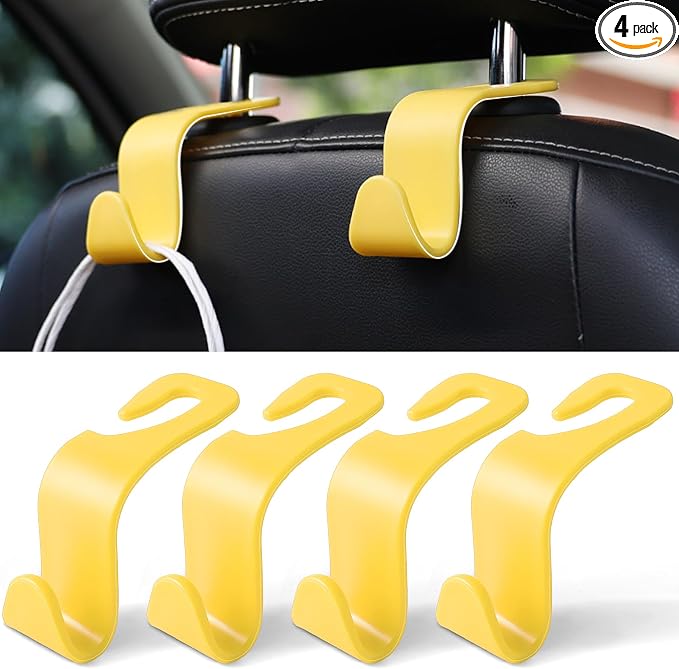 LivTee Car Seat Headrest Hook, Car Headrest Hidden Hook, 4 Pack Universal Auto Car Back Seat Hook Organizer for Purse Coat, Car Interior Accessories (Yellow)
