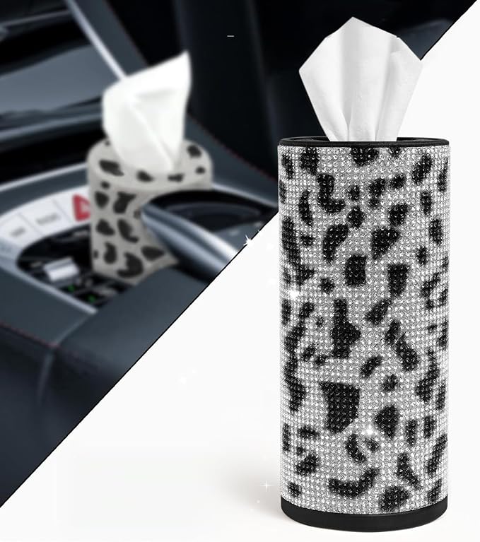 Bling Car Tissue Holder for Cup Holder – Sparkly Rhinestone Round Tissue Dispenser with 1 Pack Tissues – Fits Standard Auto Cup Holders – Stylish Car Interior Accessory for Women (Cow)