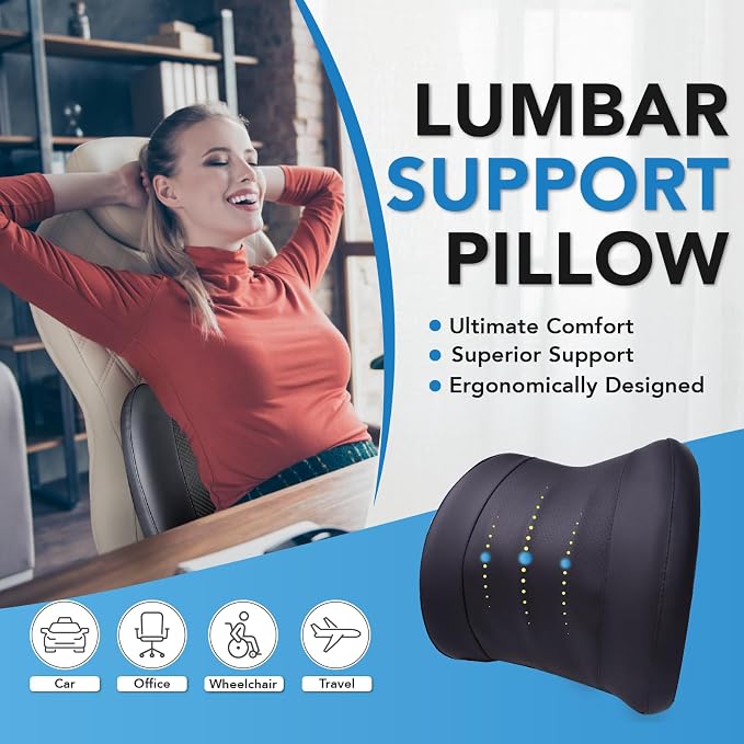 Lofty Aim Lumbar Support Pillow for Car, Car Seat Back Support for Driving | Memory Foam Car Lumbar Support for Driving Seat, Car Back Cushion, Adjustable Straps, Lower Back Pillow, PU Leather, Black