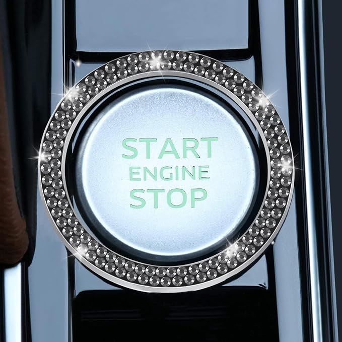 LivTee 2 PCS Crystal Double Rhinestone Car Engine Start Stop Decoration Ring, Bling Car Interior Accessories for Women, Push to Start Button Cover Sticker, Automotive Decals, Glossy Black