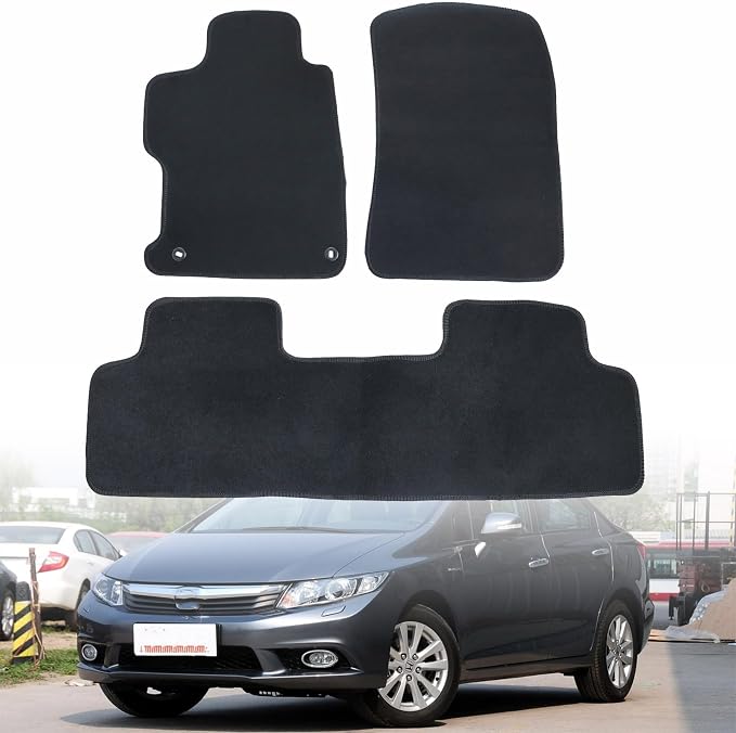 GXARTS 3PCS Front and Rear Velour Floor Mats Carpet Black Replacement Compatible with Honda Civic 2012 2013 2014 2015 Anti- Slip