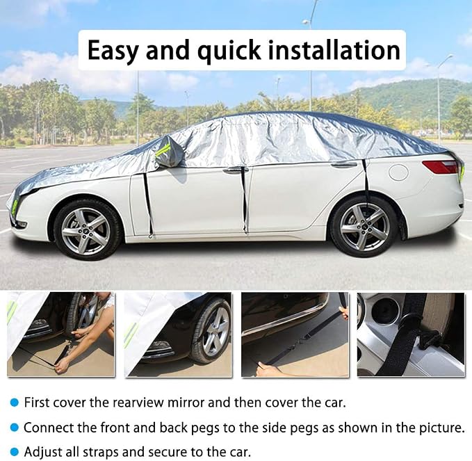Half Car Cover All Weather Car Body Cover Sunshade Cover Snow Cover Waterproof Snowproof Universal 210D Oxford Fabric (Fit Sedan Length 176'' to 193'')