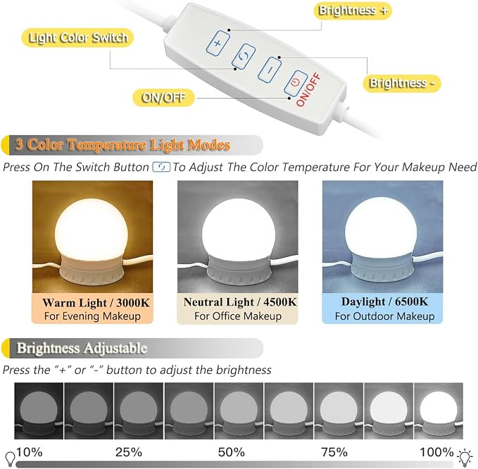 LED Vanity Lights for Mirror,10 Dimmable Bulbs,3000K 4500K 6500K & Brightness Adjustable,Hollywood Mirror Lights for Makeup Dressing Room
