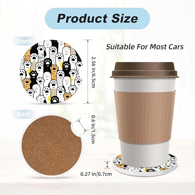 Cute Cat Paws Car Coasters for Cup Holders,2 Pack Car Cup Holder Coasters for Car,Ceramic Absorbent Car Coaster with A Finger Notch and Cork Base,Car Interior Accessories for Women Men