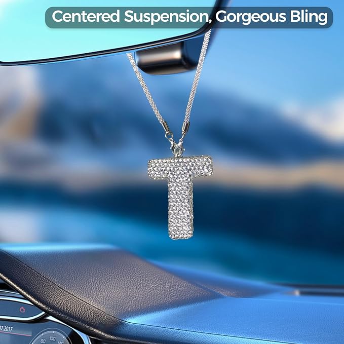 Bling Car Accessories for Women Letter Charm, Rear View Mirror Ornament Cute Hanging Crystal Pendant Girl Car Decorations, Lucky Diamond Rhinestone Girly Charm Interior (White T)