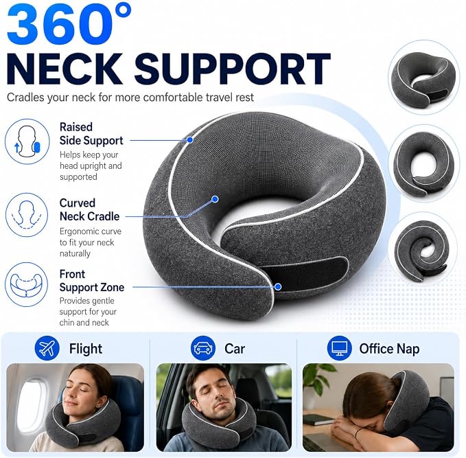 Travel Neck Pillow for Airplanes, Pure Memory Foam Neck Pillow with Washable Cover and Storage Bag, Ergonomic 360° Support for Sleeping, Car, Office, Home, Black