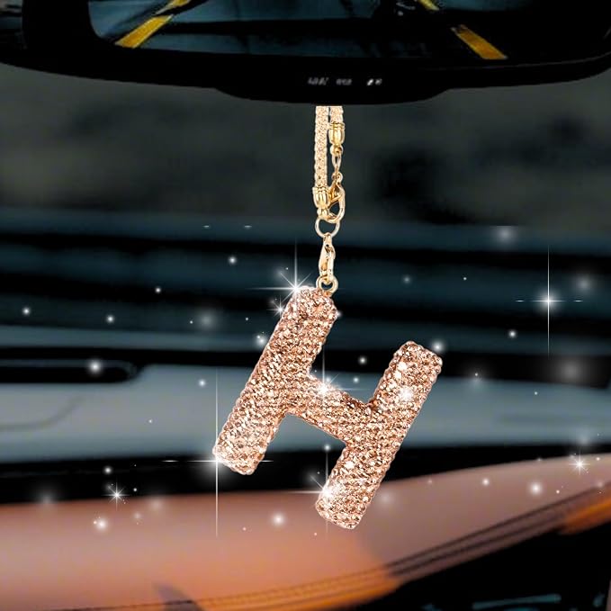 Bling Car Accessories for Women Letter Charm, Rainbow Crystal Rearview Mirror Pendant, Cute Diamond Rhinestone Car Decor, Lucky Gift for Women(H, Champagne Gold)