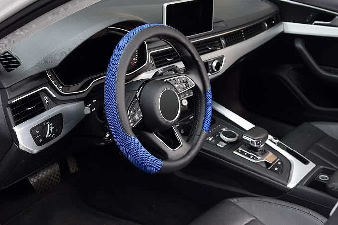 KAFEEK Steering Wheel Cover, Universal 15 inch, Microfiber Leather Viscose, Breathable, Anti-Slip,Warm in Winter and Cool in Summer, Black&Blue