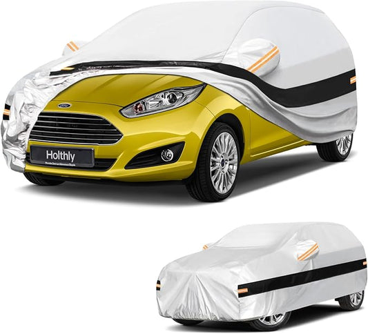10 Layers Hatchback Car Cover Custom Fit for Ford Fiesta (1989-2023), Waterproof All Weather for Automobiles, Outdoor Full Cover Sun Dust Rain Protection with Cotton. Silver