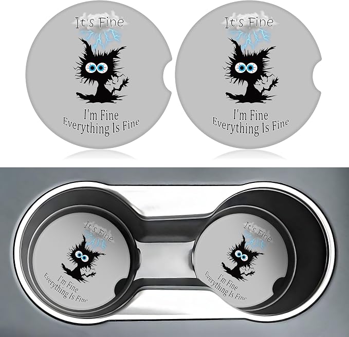 Lightning Black Cat Car Coasters for Cup Holders,2 Pack Car Cup Holder Coasters for Car,Ceramic Absorbent Car Coaster with A Finger Notch and Cork Base,Car Interior Accessories for Women Men