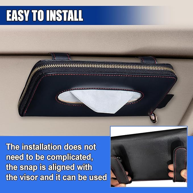 Car Tissue Holder, Leather Car Sun Visor Napkin Box with Tissue Refill, Auto Backseat Paper Carton Mask Dispenser with Zipper, Universal Hanging Vehicle Towel Clip for RV, SUV, Truck (Black)