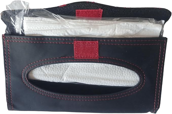 Car Visor Tissue Holder Pouch, Black with Vary Color Stitching | Refills Included, Soft Napkins Wipes Included, Stitching Color in Random