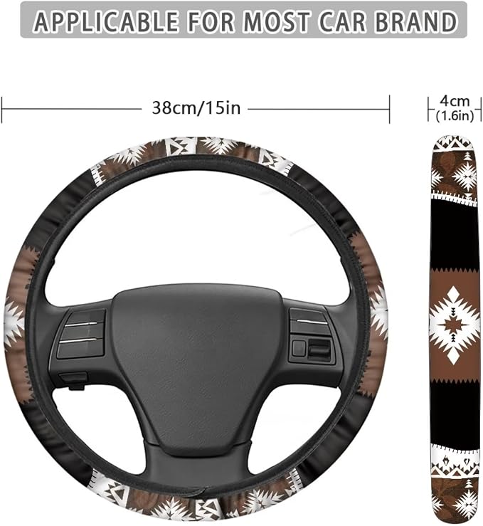 Wanyint Southwest Aztec Brown Black Car Steering Wheel Cover 15 Inch Universal Breathable Soft Anti-Slip Sweat Absorbent Car Accessory Fit for Most Vehicles