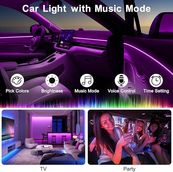 Interior Car Lights, 9 in 1 Car LED Strip with Wireless APP/RF Remote/Button Control, 16 Million Colors Ambient Lighting Kit with 5 Fiber Optic LED Strips & 4 Under Dash Lights