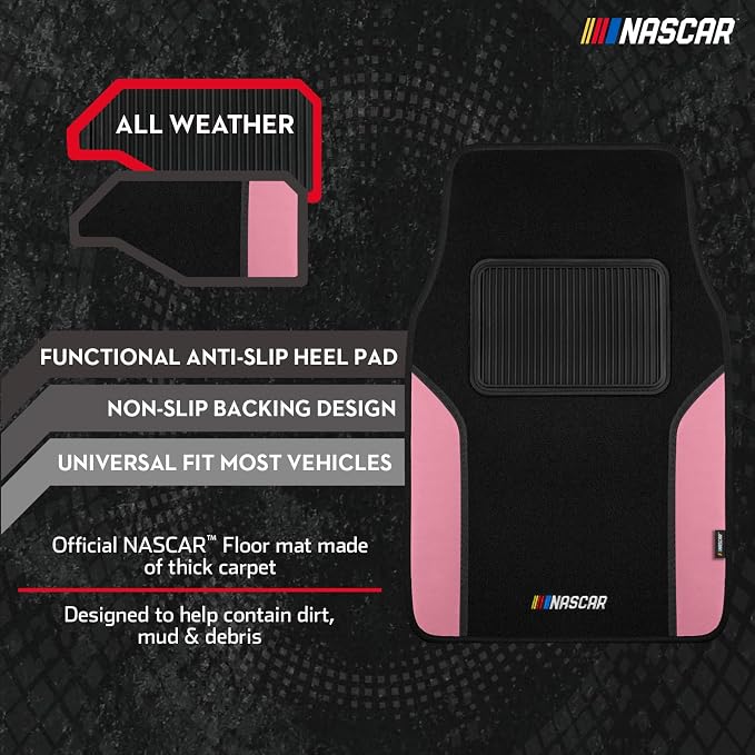 NASCAR Car Floor Mats, Carpet & Pink Leather Design Car Mats, Universal-Fit All-Weather Car Floor Mats with Built-in Heel Pad & Anti-Slip Backing, Durable Odorless Automotive Interior Accessories