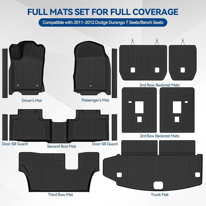 Custom Fit Floor Mats for 2011-2012 Dodge Durango 7 Seats/Bench Seats, All Weather TPE Floor Liners & Trunk Mat & 2nd/3rd Row Backrest Mat & Door Sill Guard, Full Set Interior Accessories