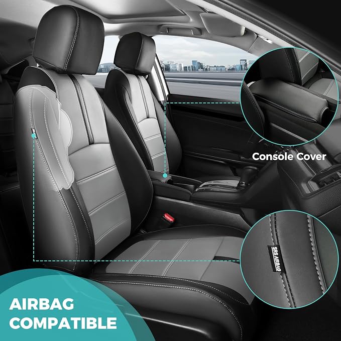 Seat Covers for Honda Civic Sedan EX-L, EX-T, EX, Touring, Sport 2016-2021, Faux Leather Car Seats Cover Full Set Waterproof Black Grey (60/40 Split Seatback-with Rear Armrest)