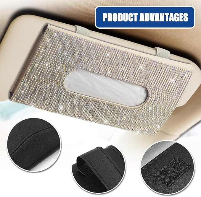 Bling Car Sun Visor Tissue Box Holder, Visor Accessories, Rhinestone PU Leather Crystal Sparkling Napkin Holder, Auto Sun Visor Paper Towel Cover Case Accessories for Most Cars (Beige+Colorful)