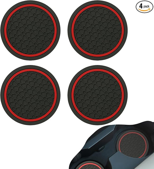 4 PCS Car Cup Holder Coasters, Non-Slip Insert Car Cup Coasters, Waterproof Vehicle Water Bottle Pads Automotive Interior Accessories, Universal for Vehicles, Trucks, SVUs (Black & Red)