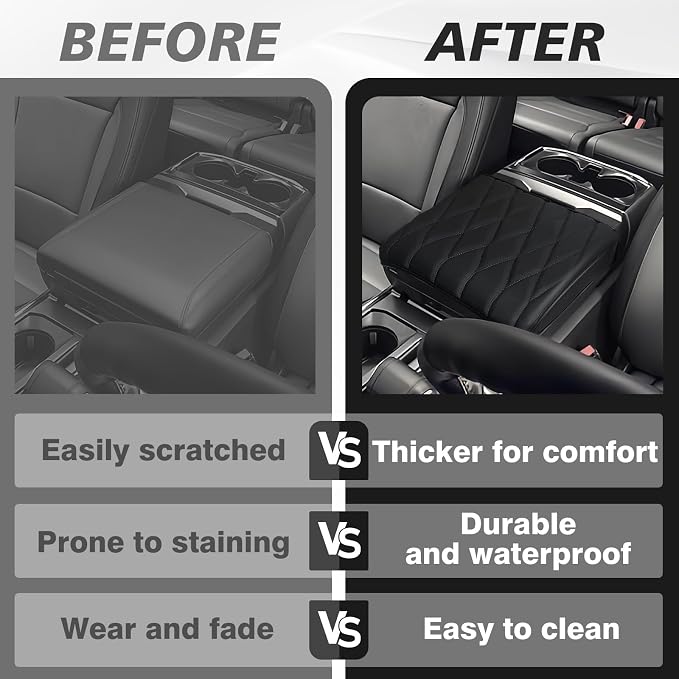Muslogy Center Console Armrest Cover Fit for Ford F-150 F150 2021-2025 2026 Accessories, Comfort Armrest Pad Console Lid Cushion Vegan Leather Regular Thick(WorkSurface ONLY)