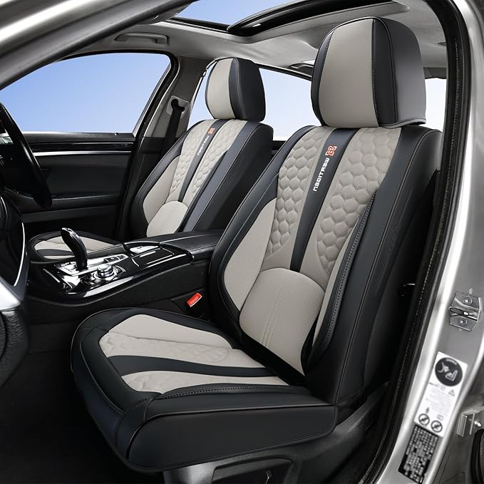 Black and Grey PU Leather Car Seat Covers | Luxury Waterproof Car Seat Covers with Lumbar Support, Non-Slip Base, Airbag Compatibility, Easy Installation and Cleaning