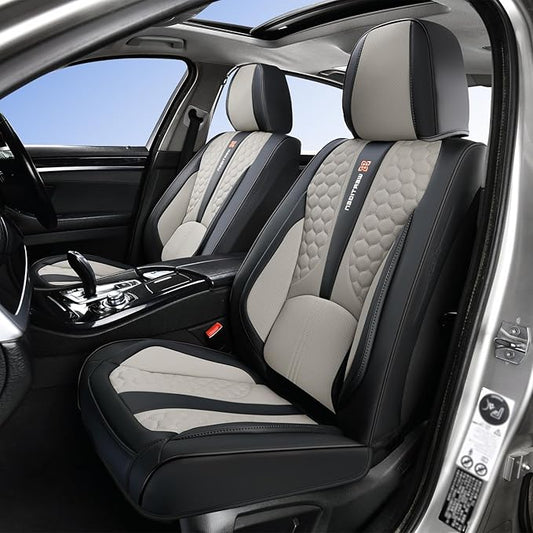 Black and Grey PU Leather Car Seat Covers | Luxury Waterproof Car Seat Covers with Lumbar Support, Non-Slip Base, Airbag Compatibility, Easy Installation and Cleaning