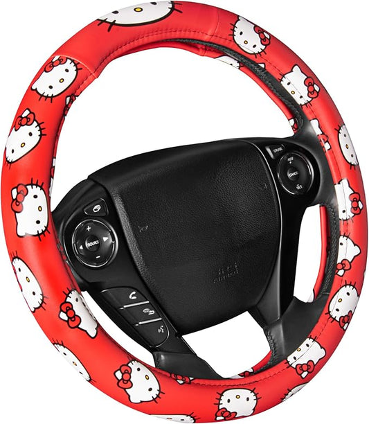 Hello Kitty Steering Wheel Cover Official Sanrio Car Accessory Universal Size 14.5 to 15 Inch Cute Red Design for Women Girls Sedans SUVs Trucks, Anti-Slip Grip, Stretch-Fit Design