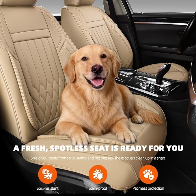2-Seater Waterproof and Breathable Nappa Leather Car Seat Covers Full Set, Fit for Front Seats of Cars, Compatible with Airbags, Car Seat Protector Covers for Most Cars - Beige