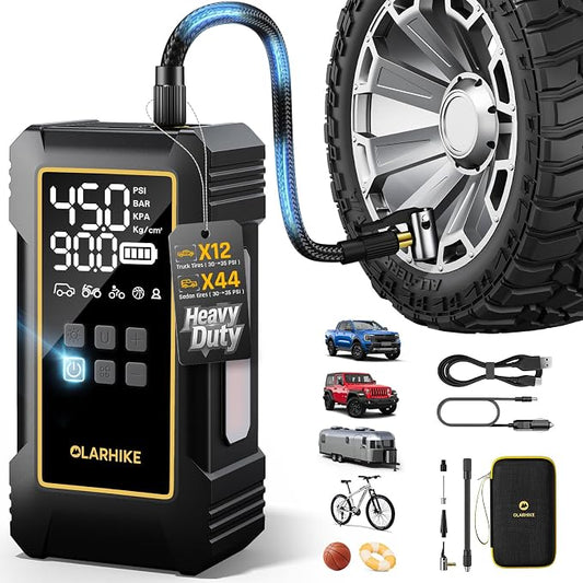 OlarHike Powerful 12000mAh Heavy Duty Tire Inflator Portable Air Compressor, 7X Faster, 150PSI Dual Power 12V&Cordless Air Pump for Car Tires, Pickup Trucks, Jeeps, SUVs & RVs. Digital Pressure Gauge