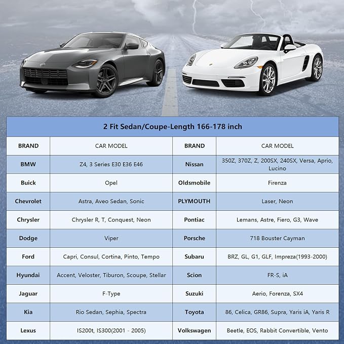 Car Cover Waterproof All Weather for Automobiles, Full Exterior Covers for Sedan & Coupe (166-178 inch) Universal Fit for BMW Z4, Audi TT, Toyota 86/Supra etc. Rain Winter Sun Snow Protection.