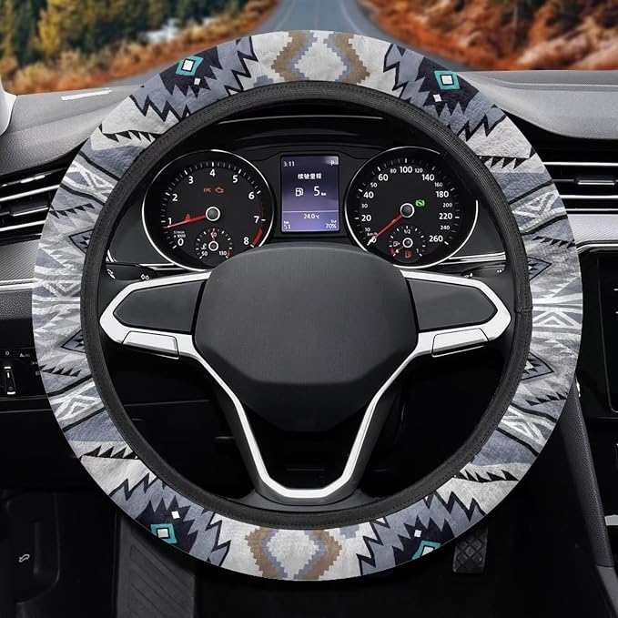 Wanyint Auto Steering Wheel Cover for Women Men, Universal 15 Inch Soft Elastic Steering Wheel Wrap Anti-Slip Easy to Install Car Accessories, Southwest Aztec Blue Gray
