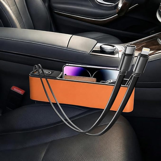 Elecshion Car Seat Gap Filler Organizer with 69W Retractable Car Charger | 2 USB Ports and 2 Charging Cable Car Seat Organizer, Seat Gap Storage Box for Sedans Suv Truck, Car Interior Accessories